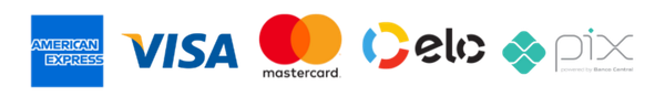 Formas de pagamento: American Express, Visa, Mastercard, Elo e Pix